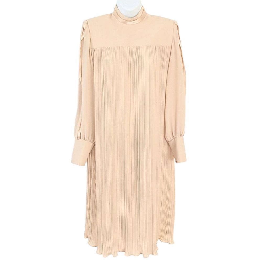 VINTAGE Pleated Midi trapeze Dress with high neck Beige neutral tone Small @L